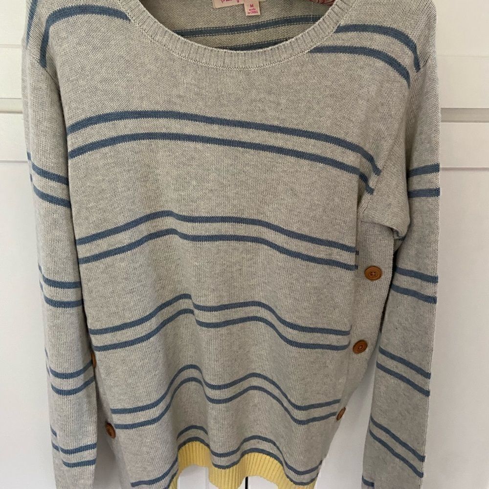 FRESH PRODUCE Medium Gray Blue Striped Sweater Soft Cotton Side Buttons Womens